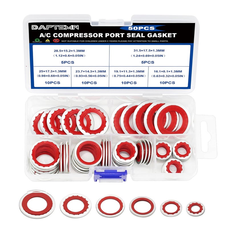 Daptemn 50PCS A/C O-Ring Assortment Kit, 6 Sizes Air Conditioning System Compressor Port Gasket Repairs Automotive Self-Centered Washer, Replace A/C Compressor Boned Seal Washer (ID: 8mm-17.5mm) (Red) - Image 1